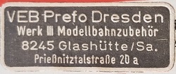 этикетка которая клеилась на старые коробки после переименования фабрики PERMOT VEB MODELLBAHNZUBEHOR в VEB Prefo Dresden Werk 3